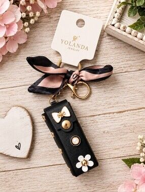 Black Floral Charm Keychain Lipstick Holder with Pink Scarf Accent
